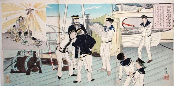 Marins japonais admirant leur mascotte aigle, un épisode de la guerre sino-japonaise, fin du 19e siècle - Japanese School