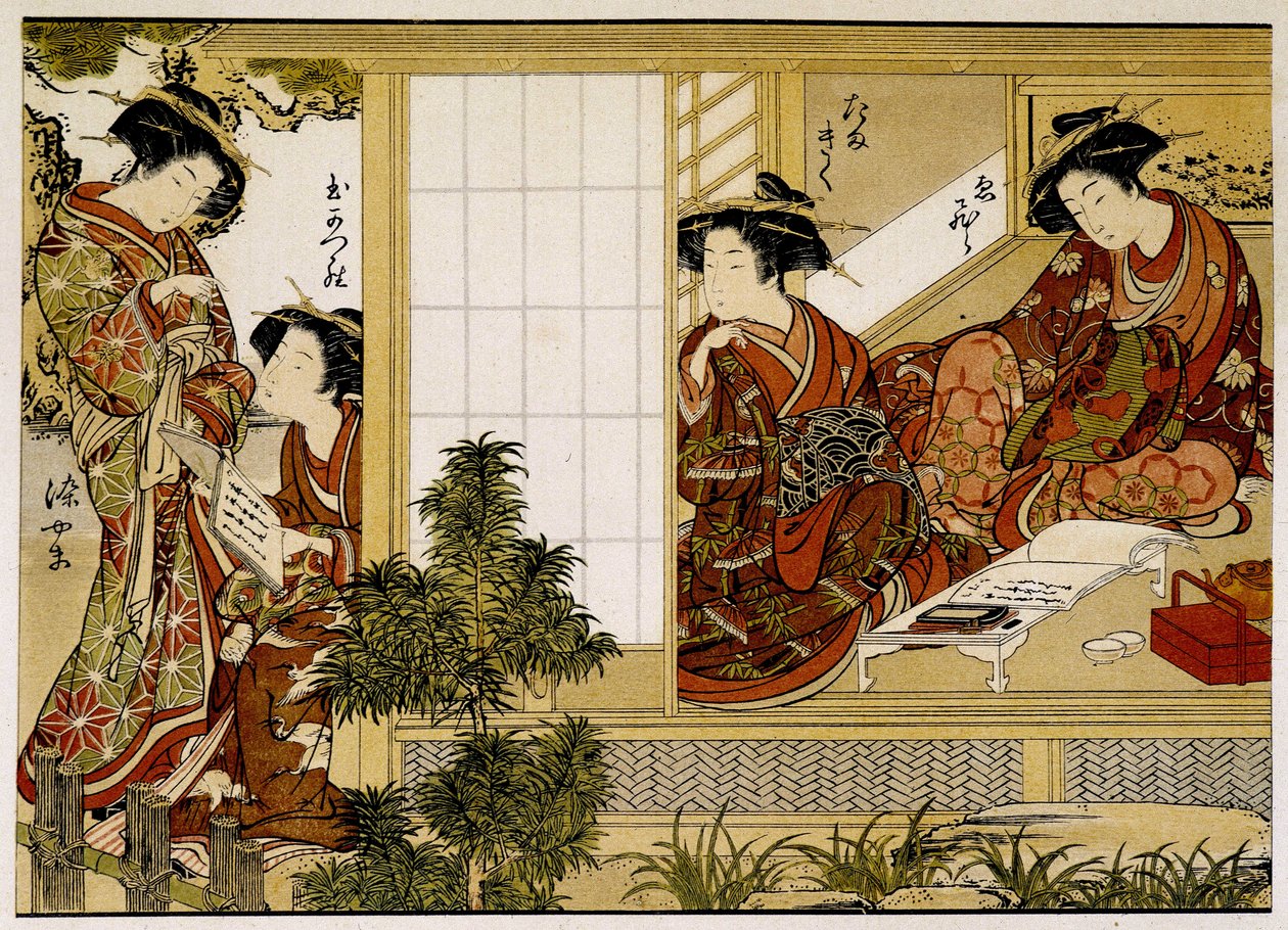 Femmes japonaises qui écrivent et lisent. Estampe du 18e siècle - Japanese School