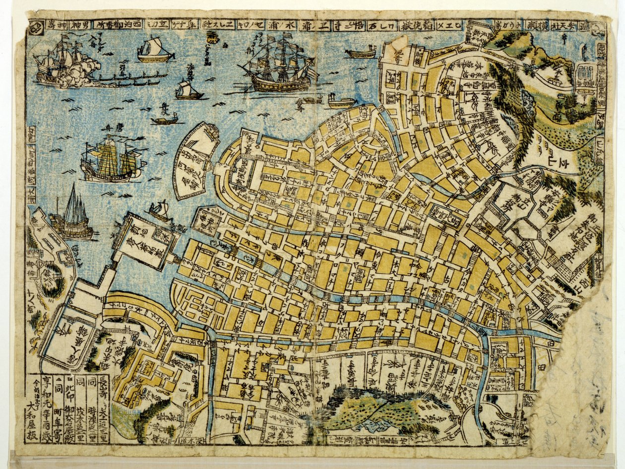 Carte de Nagasaki, c.1801 (gravure sur bois en couleur) - Japanese School