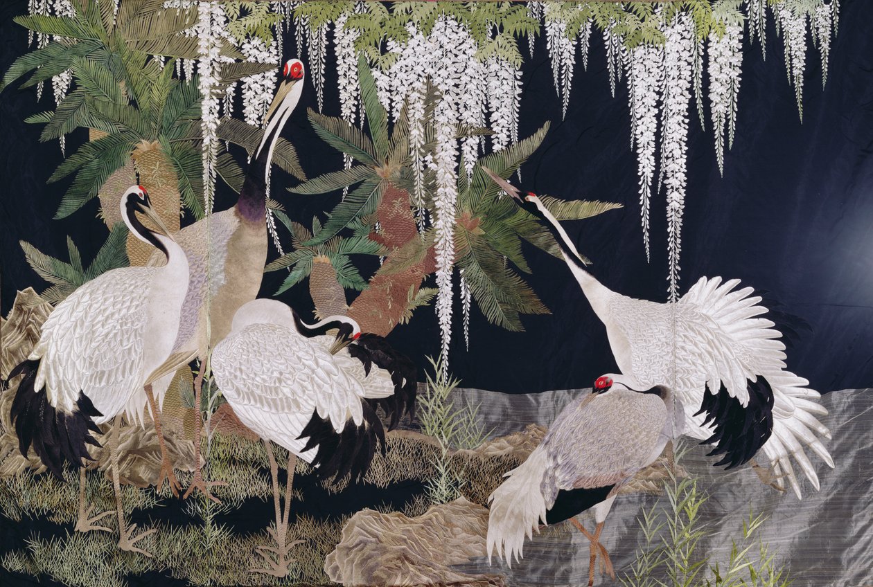 Broderie suspendue avec grues, cycas et glycine - Japanese School