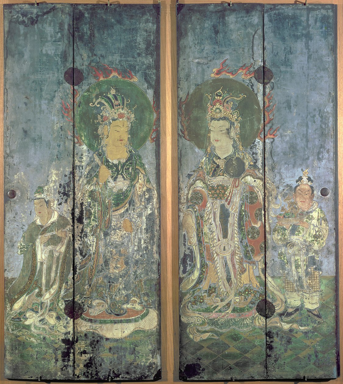 Une paire de portes de sanctuaire, représentant Brahma et Indra ou Bonten et Taishakuten, période Muromachi - Japanese School