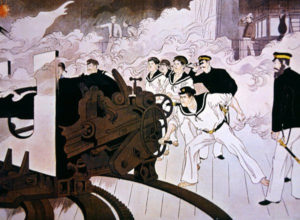 Peinture de canonniers navals japonais en action pendant la bataille de la rivière Yalu en septembre - Japanese School