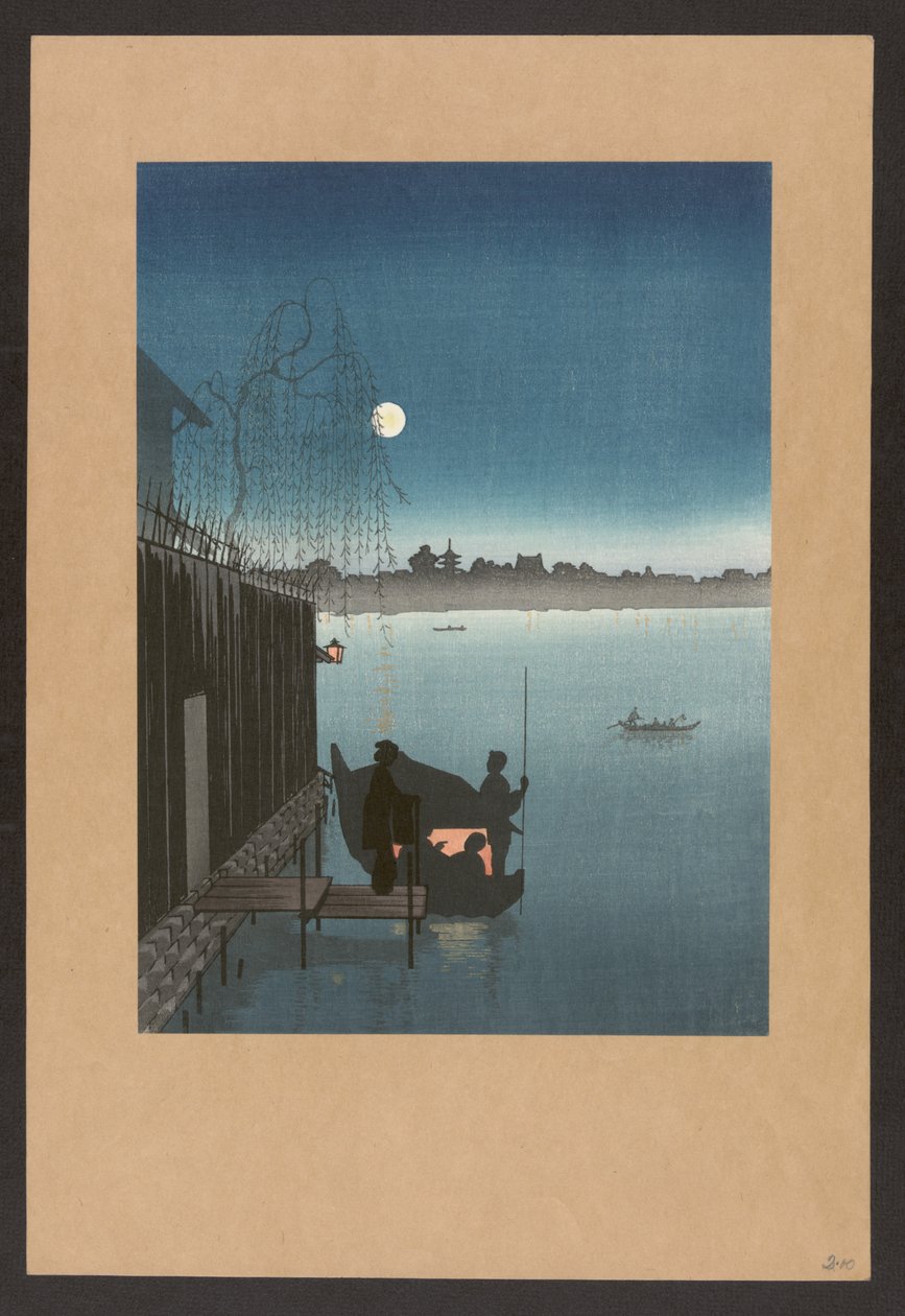 Pont Sanbashi à Fukugawa la nuit, vers 1900-20 (gravure sur bois en couleur) - Japanese School