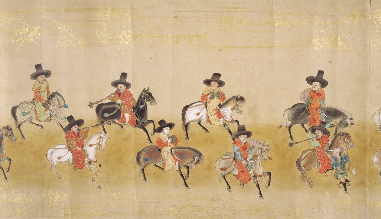 Sixième ambassade coréenne au Japon en Meireki 1 lors de la succession de Tokugawa Ietsuna en 1651, possiblement par Kano Masunobu (1625-94) (peinture sur rouleau) (détail) - Japanese School