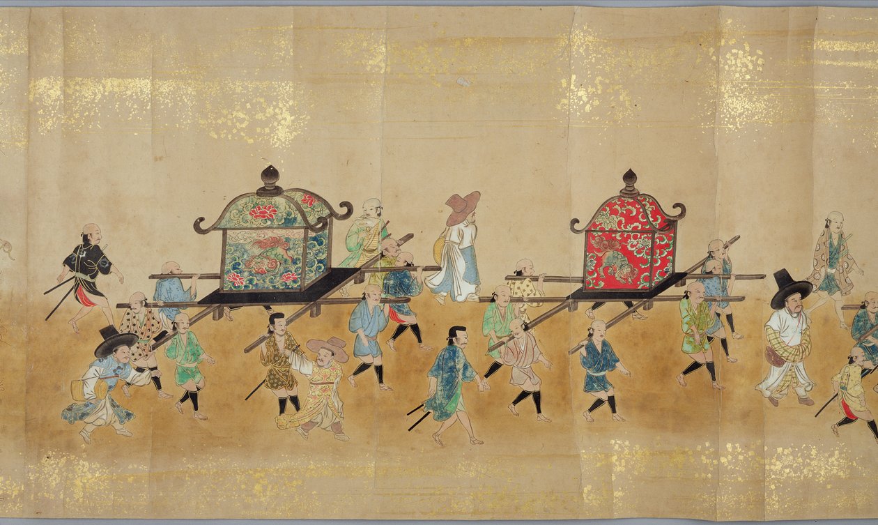 Sixième ambassade coréenne au Japon en Meireki 1 lors de la succession de Tokugawa Ietsuna en 1651, possiblement par Kano Masunobu (1625-94) (peinture sur rouleau) (détail) - Japanese School