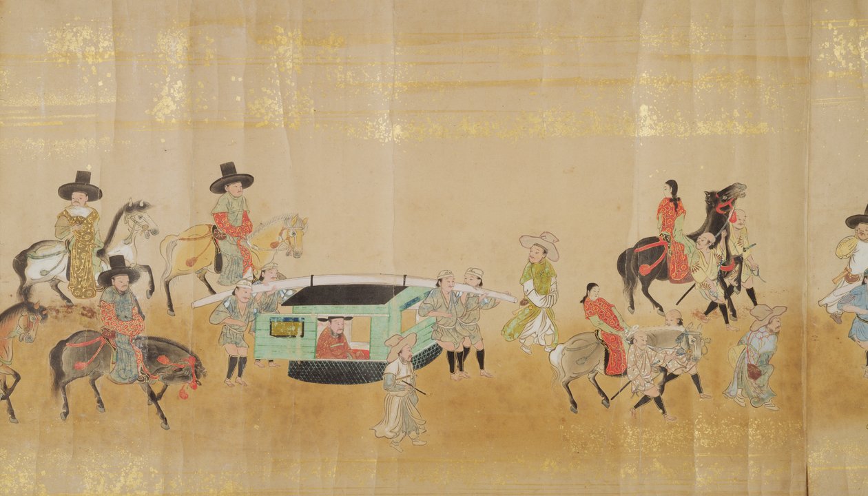Sixième ambassade coréenne au Japon en Meireki 1 lors de la succession de Tokugawa Ietsuna en 1651, possiblement par Kano Masunobu (1625-94) (peinture sur rouleau) (détail) - Japanese School