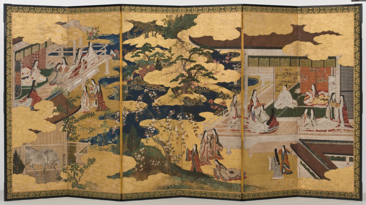 Printemps au palais, paravent à six volets du Conte de Genji, c.1650 - Japanese School