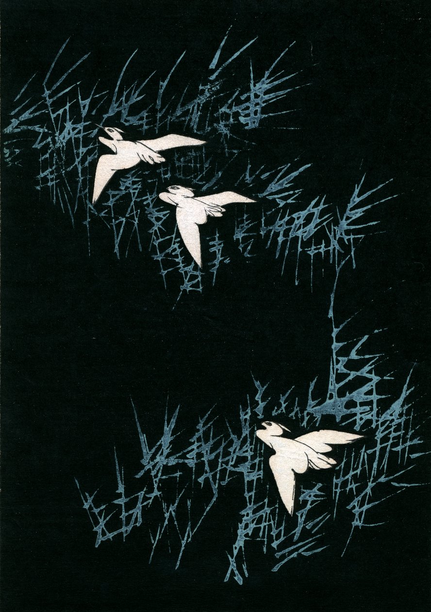 Trois grues dans un paysage noir - Japanese School