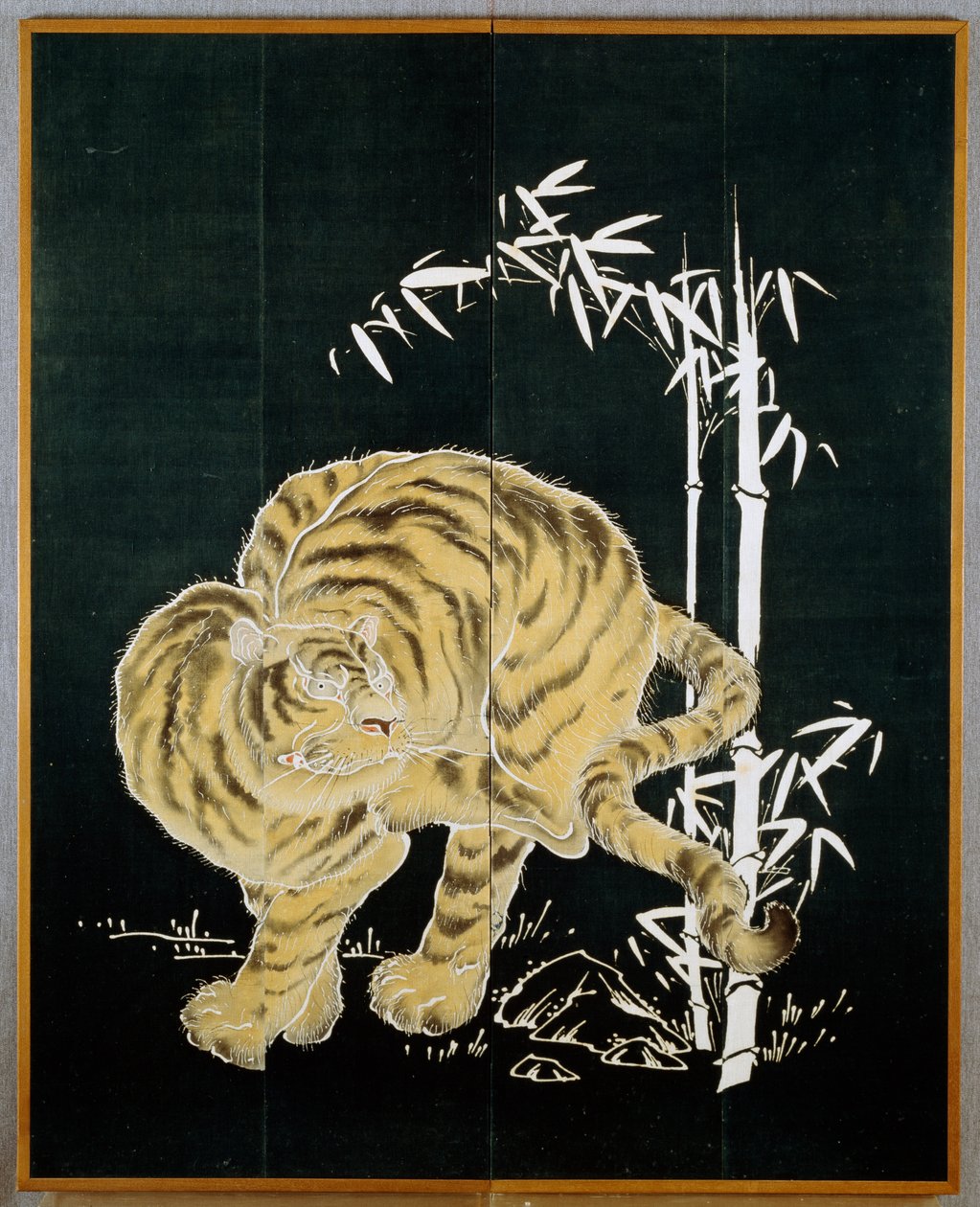 Tigre et bambou, motif sur écran de coton à deux portes (byobu), amidon de riz et trempage à l