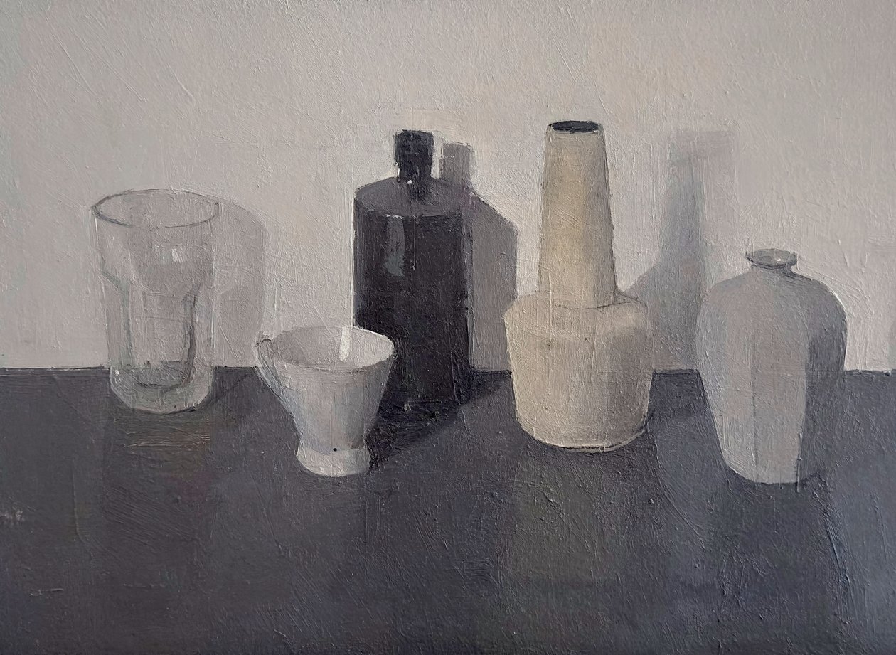 Nature morte avec cinq objets, 2024 (huile sur papier) - Jason Line