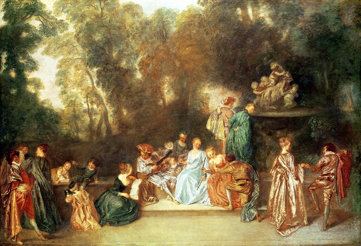 Fête galante avec joueur de guitare et une sculpture de putti jouant avec un bélier, c.1717-19 - Jean Antoine Watteau