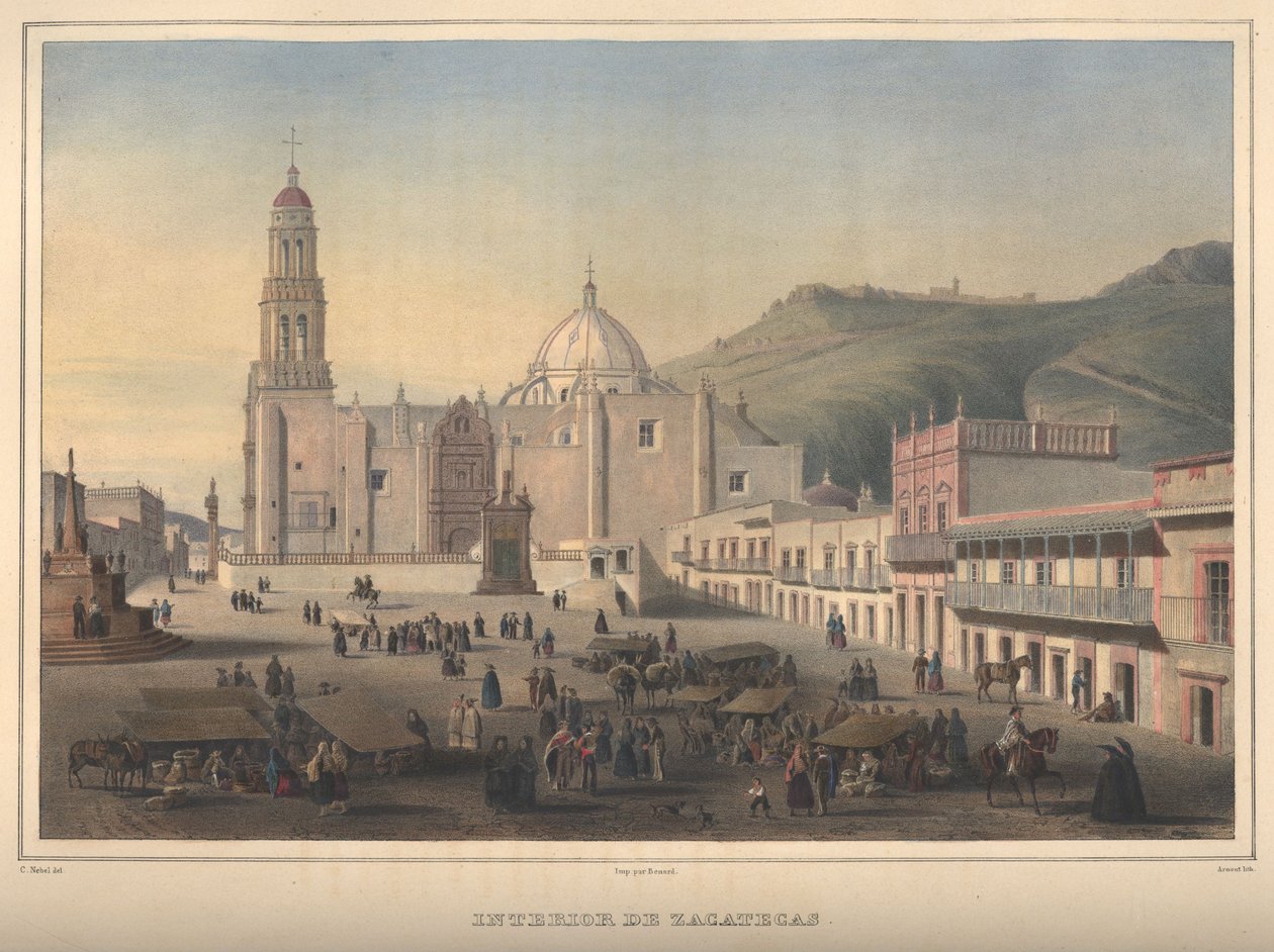 Intérieur de Zacatecas, vue de Zacatecas, Zacatecas. Lithographie coloriée à la main rehaussée de gomme arabique. - Jean Baptiste Arnout