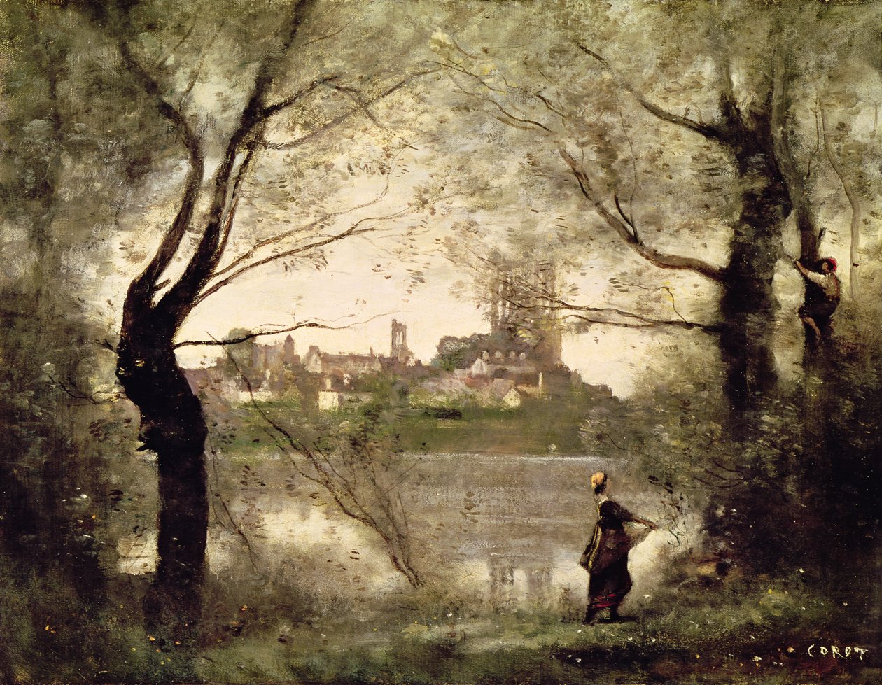 Vue de la ville et de la cathédrale de Mantes à travers les arbres, soir - Jean Baptiste Camille Corot