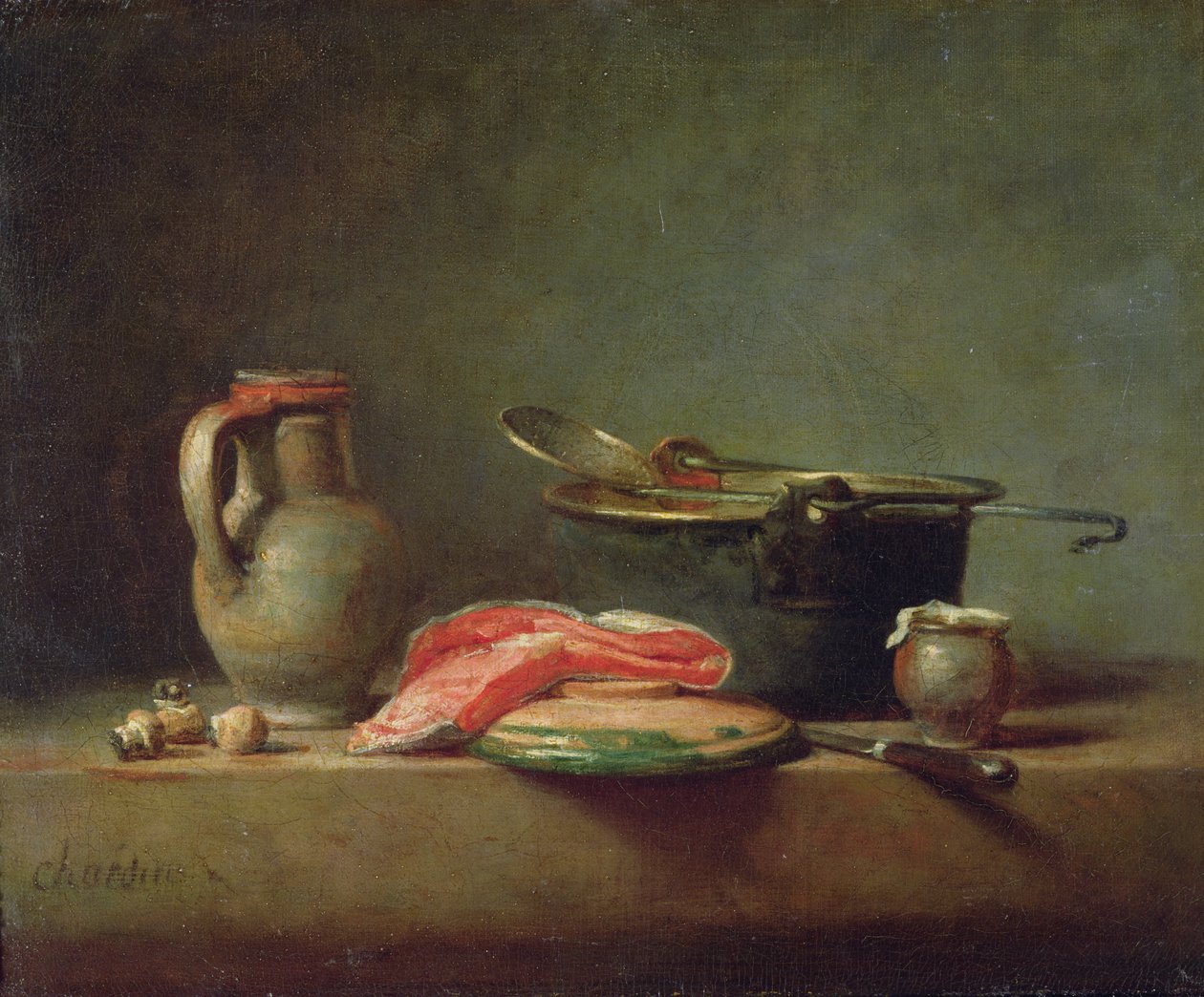 Chaudron en cuivre avec un pichet et une tranche de saumon - Jean-Baptiste Simeon Chardin