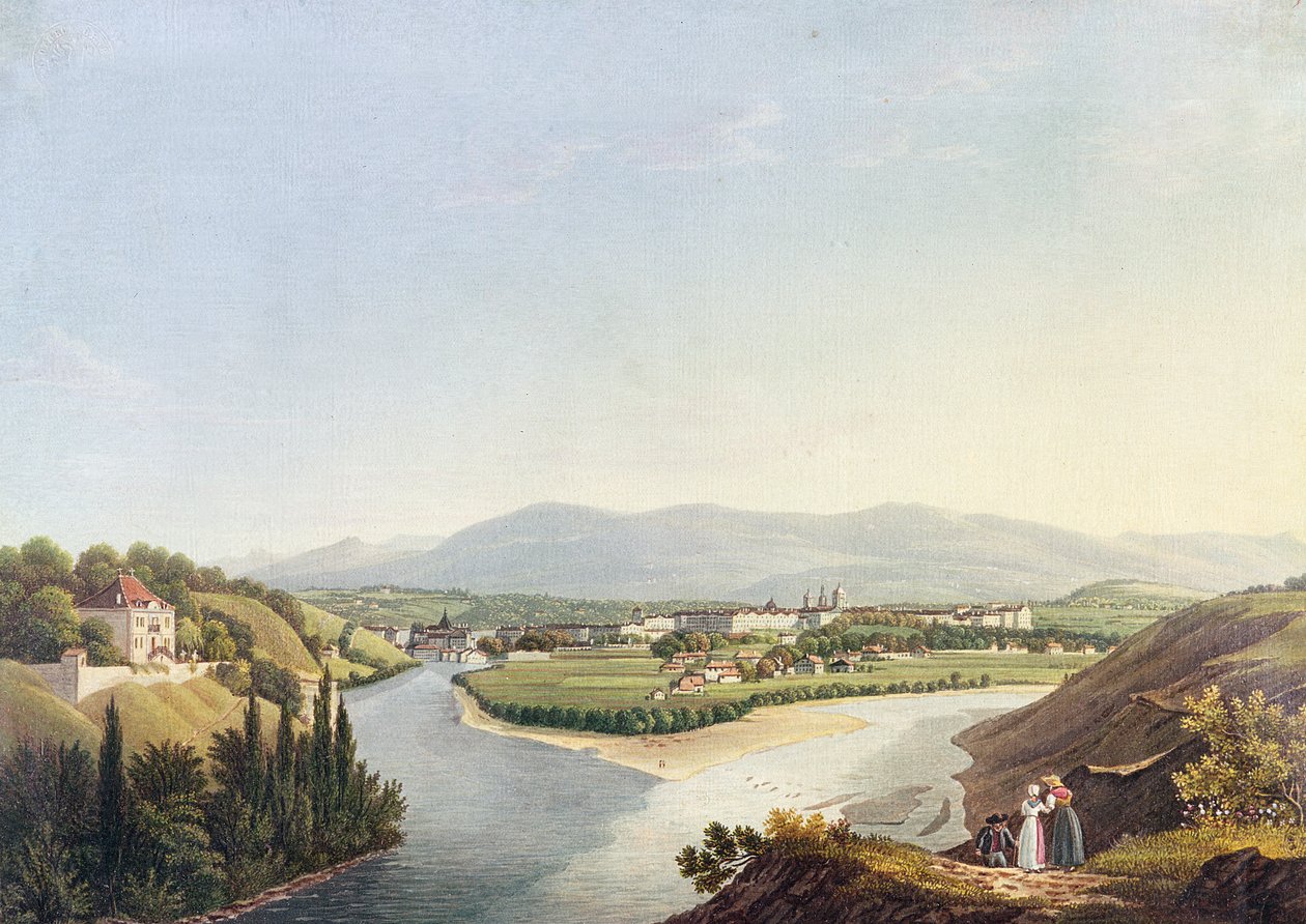 Vue de Genève depuis la confluence du Rhône et de l