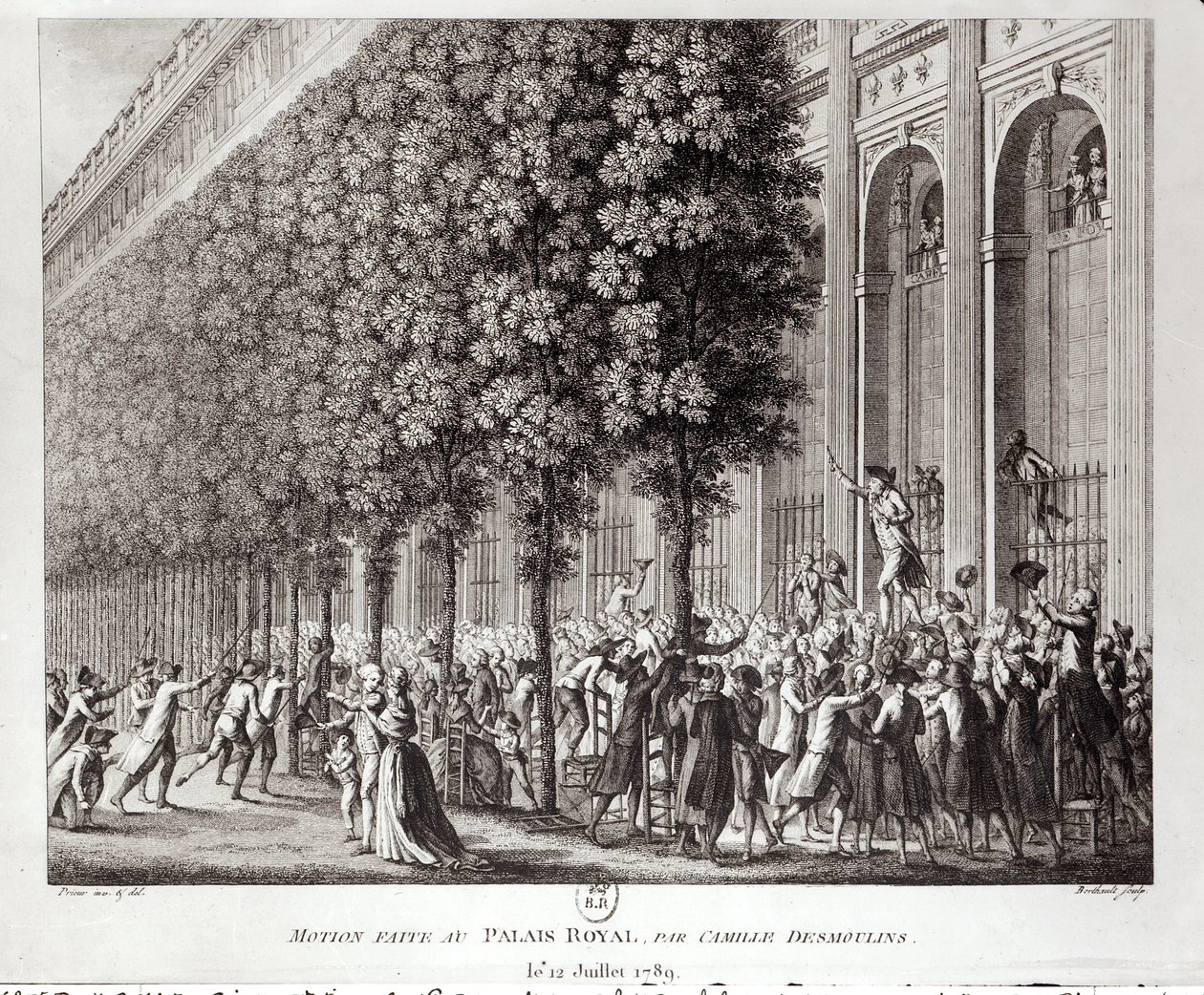 Camille Desmoulins (1760-94) parlant au Palais Royal, 12 juillet 1789, gravé par Pierre Gabriel Berthault (1737-1831) - Jean Louis the Younger Prieur