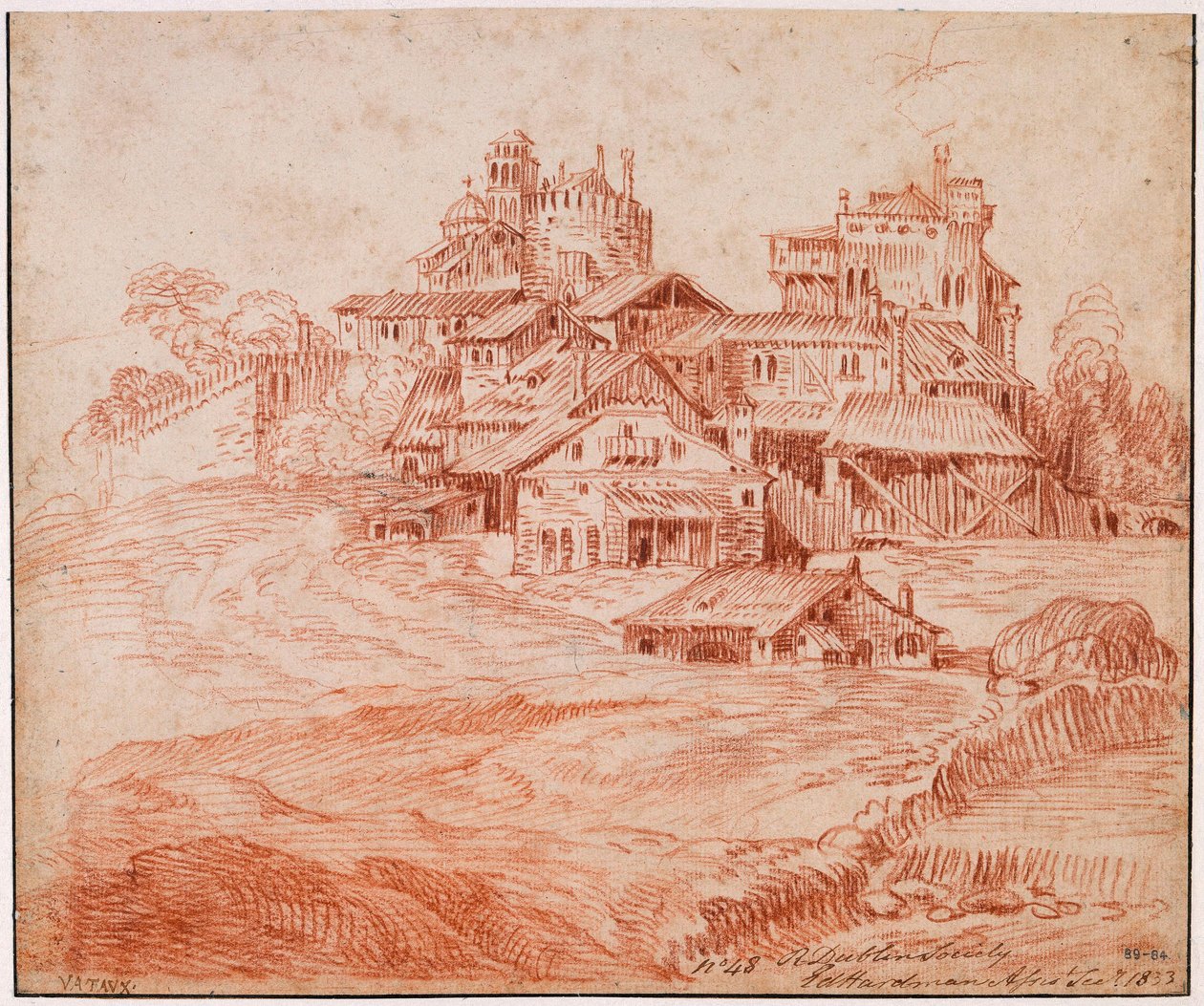 Befestigtes Dorf mit Burg, Bergfried und Kirche - Jean-Antoine Watteau