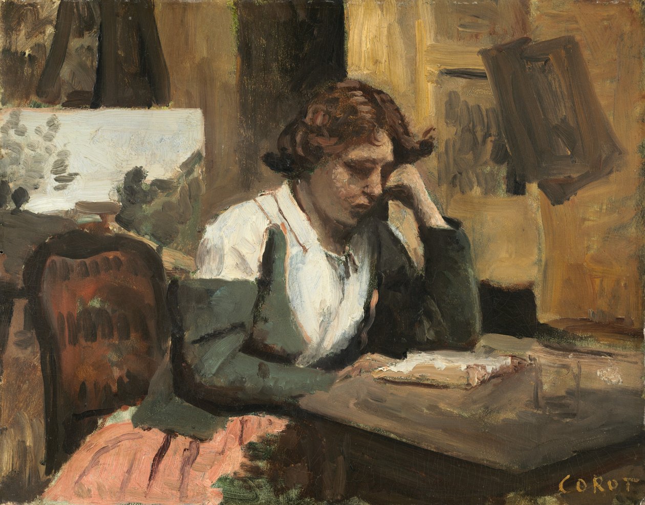 Femme lisant dans le studio - Jean-Baptiste-Camille Corot