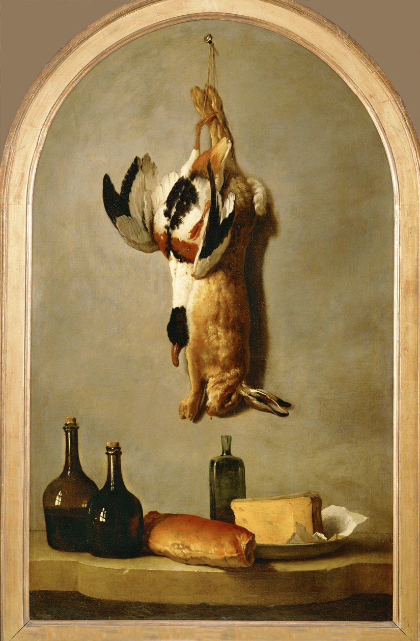 Nature morte avec lièvre mort, canard, bouteilles, pain et fromage ... - Jean Baptiste (school of) Oudry