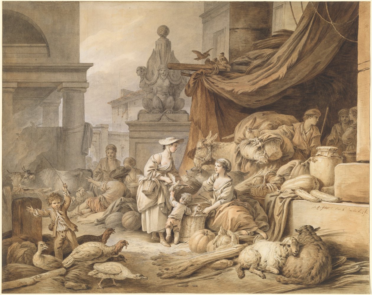 Scène de marché avec une sculpture fantastique - Jean-Baptiste Huet
