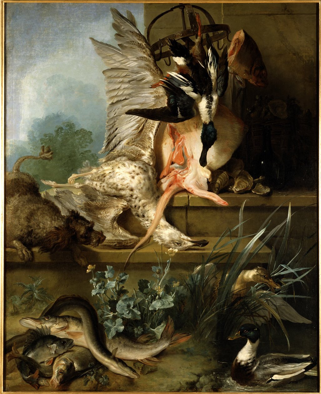 Stillleben mit einem Spaniel, der Enten jagt ("Wasser") - Jean-Baptiste Oudry