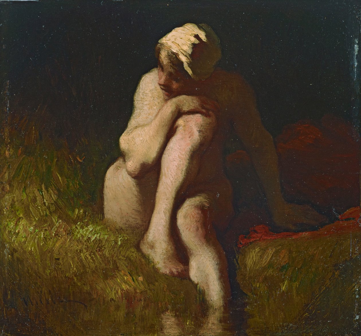 Nacktes Bauernmädchen an der Böschung eines Baches sitzend - Jean-Francois Millet