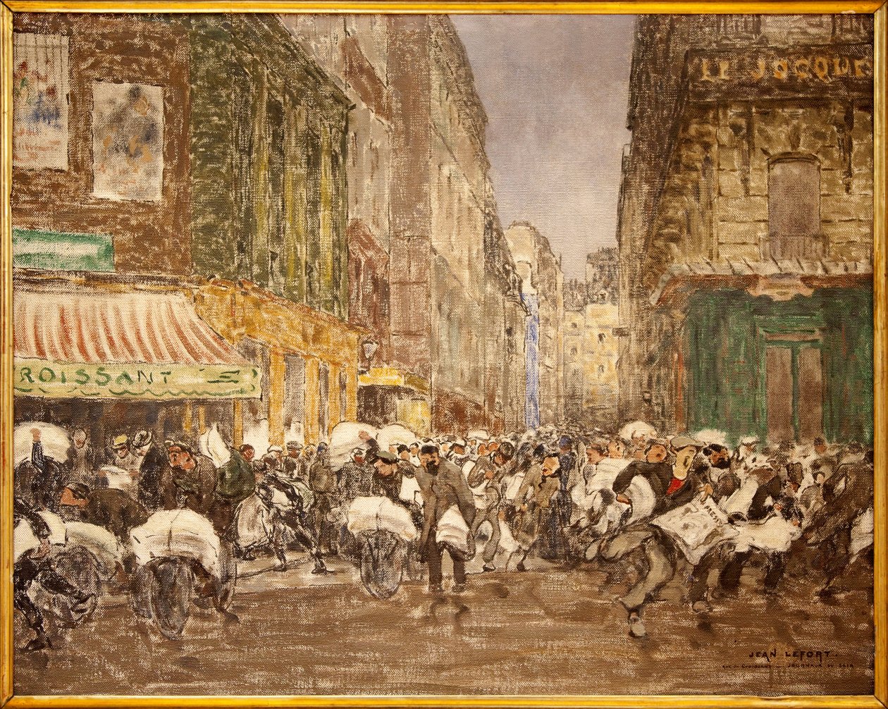La sortie des journaux du soir, rue du Croissant en 1914, Peinture de Jean Louis (Jean-Louis) Lefort (1875-1954), montrant les activités de la presse traditionnellement implantée dans une grande partie du 2e arrondissement de la ville de Paris, Au café du  - Jean Louis Lefort