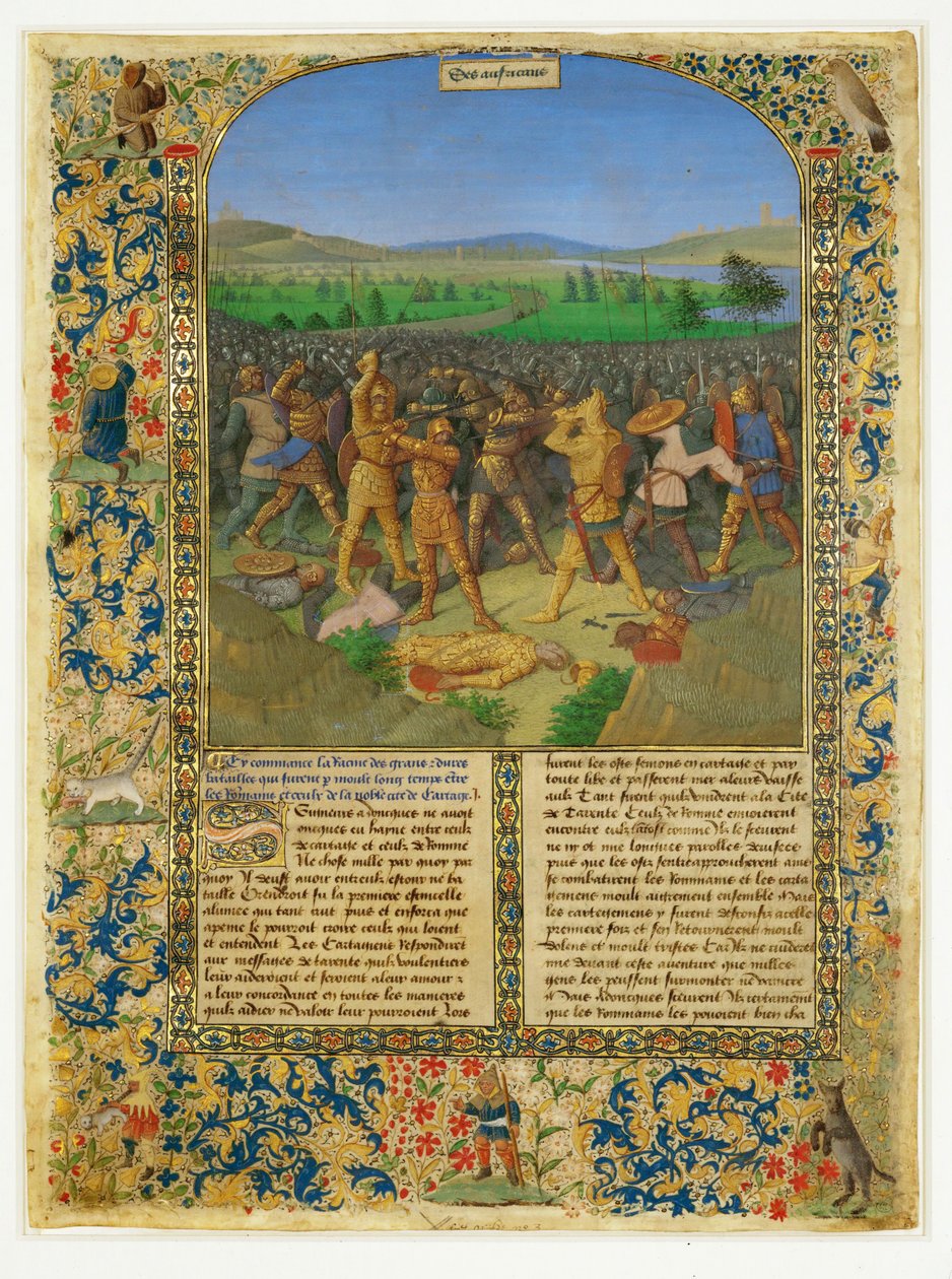 Une bataille entre Romains et Carthaginois, probablement la bataille de Cannae ... - Jean (style of) Fouquet