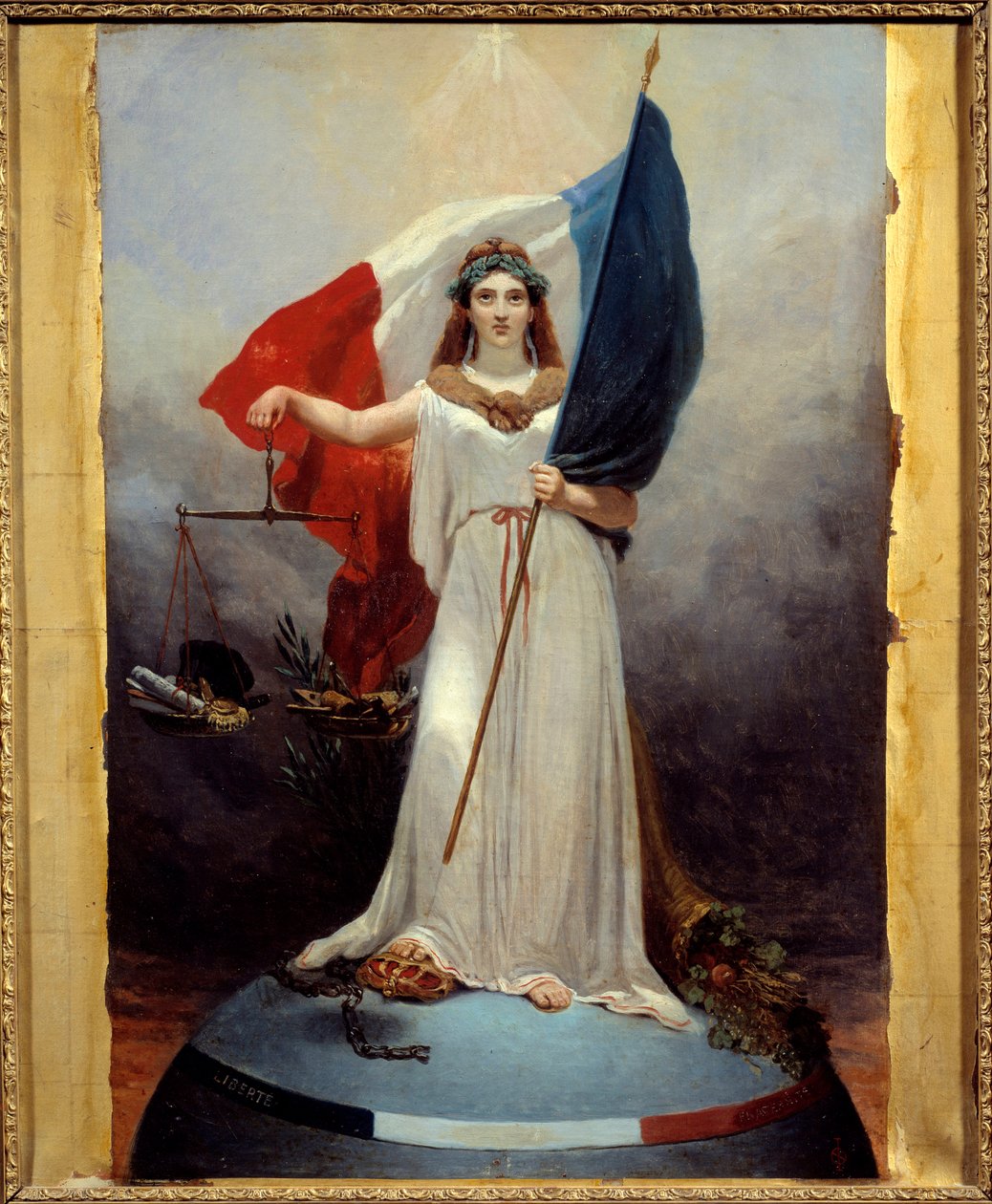 Figure symbolique de la République. Allégorie représentant la république comme une femme portant une couronne de laurier, symbole de paix, tenant une balance, symbole de justice et le drapeau tricolore. Sous son pied la couronne de la monarchie écrasée et  - Jean Alphonse Roehn