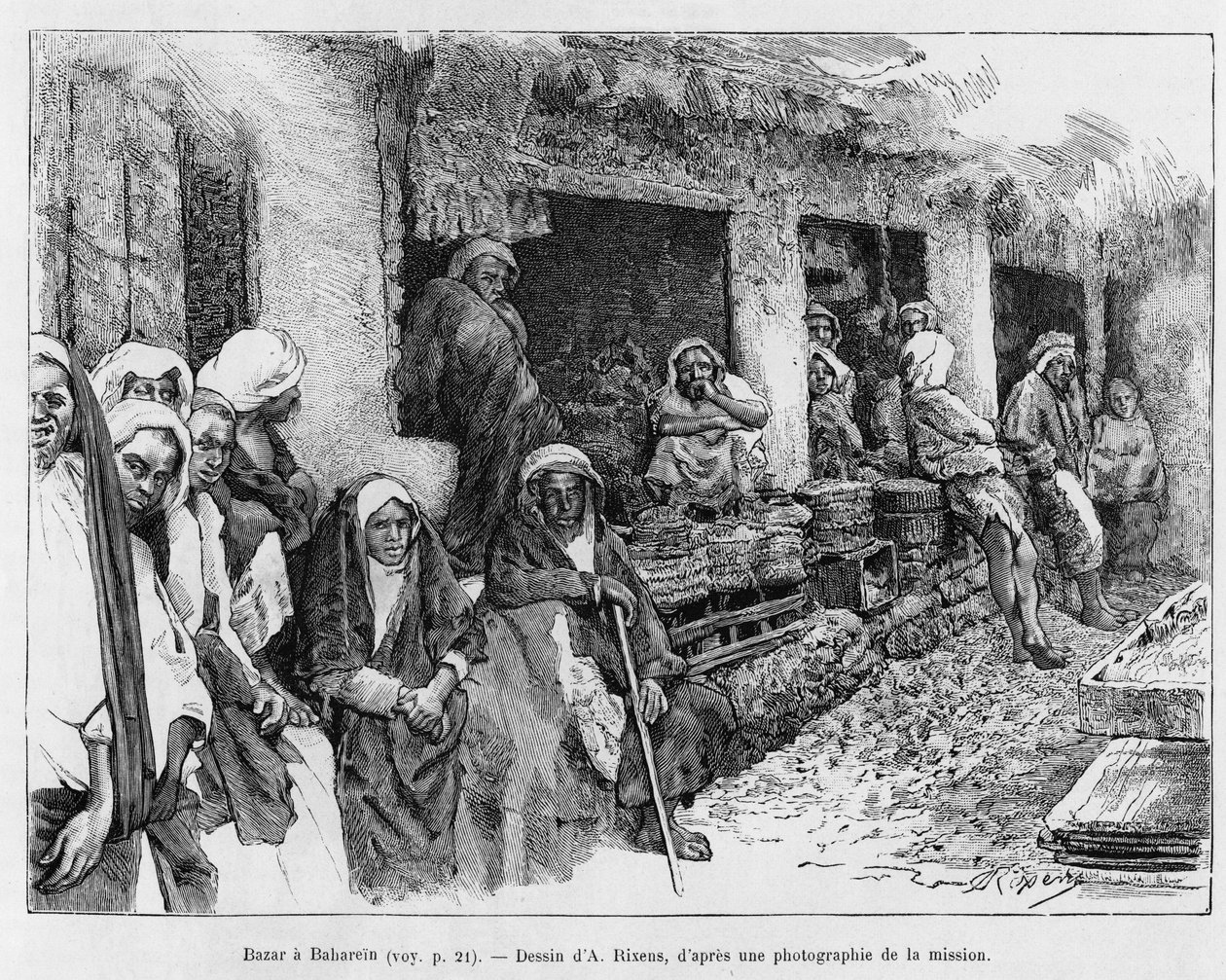 Bazar à Bahreïn, Tchad. Gravure pour illustrer l
