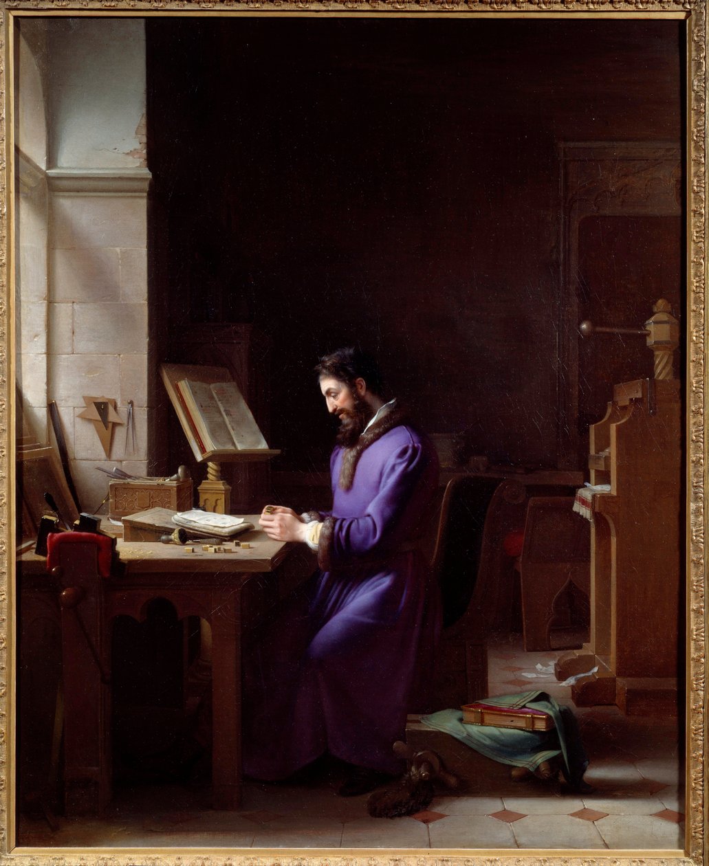 Johannes Gensfleisch Gutenberg (1400-1468) inventant la presse à imprimer. Le typographe allemand est représenté manipulant des caractères dans son atelier. Peinture de Jean Antoine Laurent (1763-1832) 1830. Grenoble, Musée des Beaux-Arts - Jean Antoine Laurent