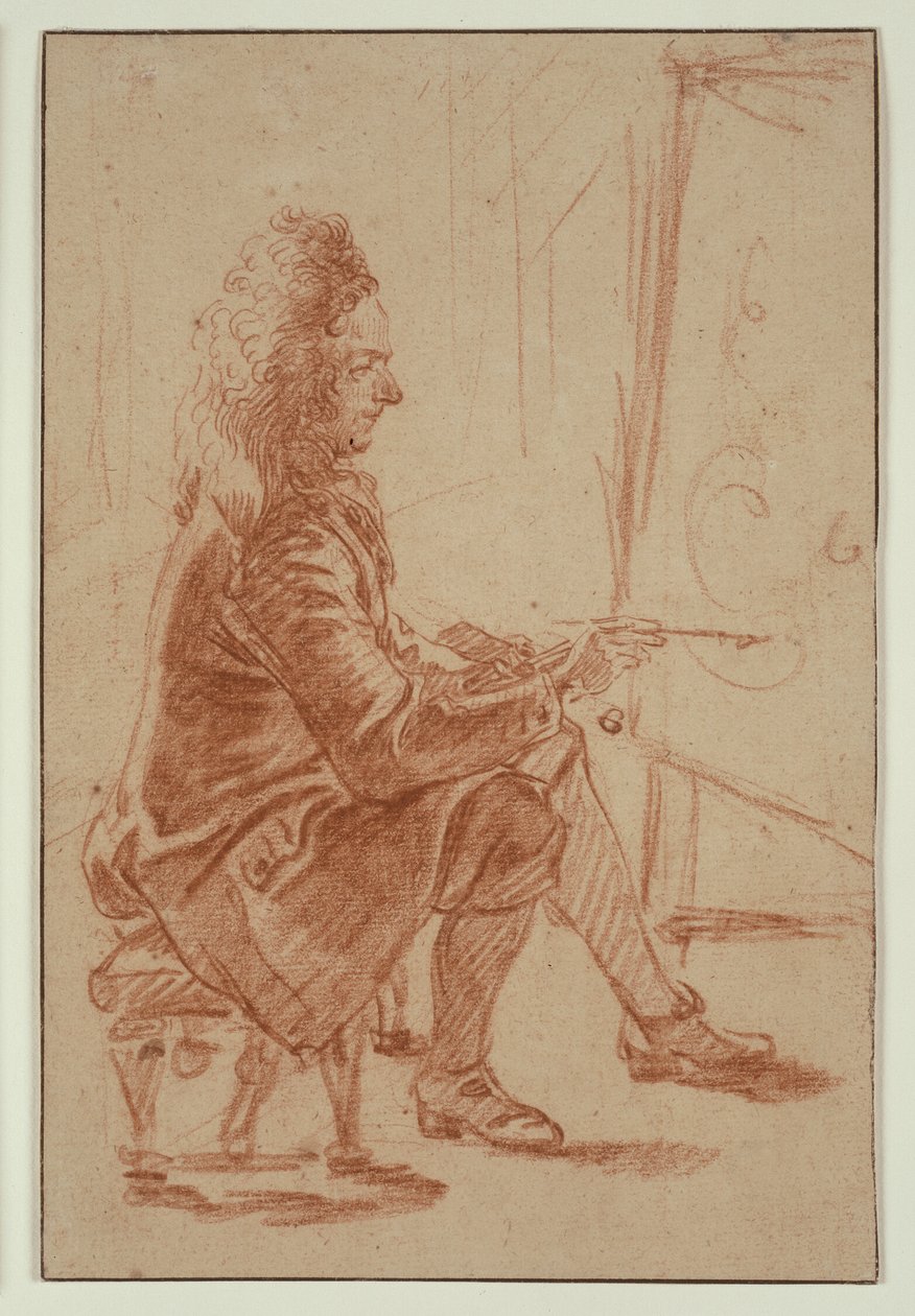 Peintre à la perruque (peut-être Claude Audran), assis à son chevalet, vu de profil - Jean Antoine Watteau