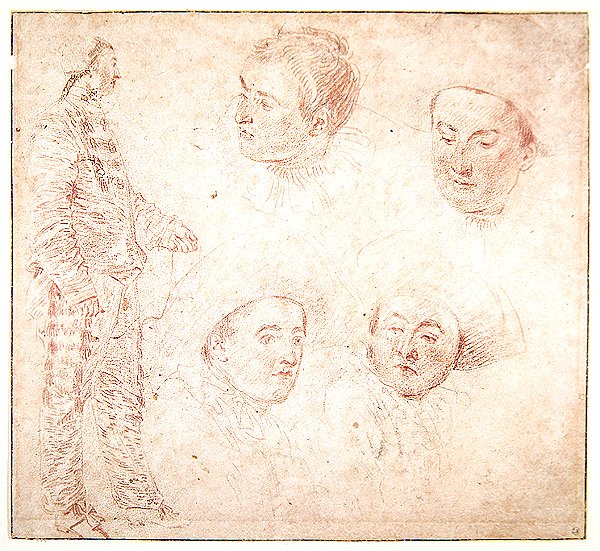 Un personnage et quatre têtes - Jean Antoine Watteau