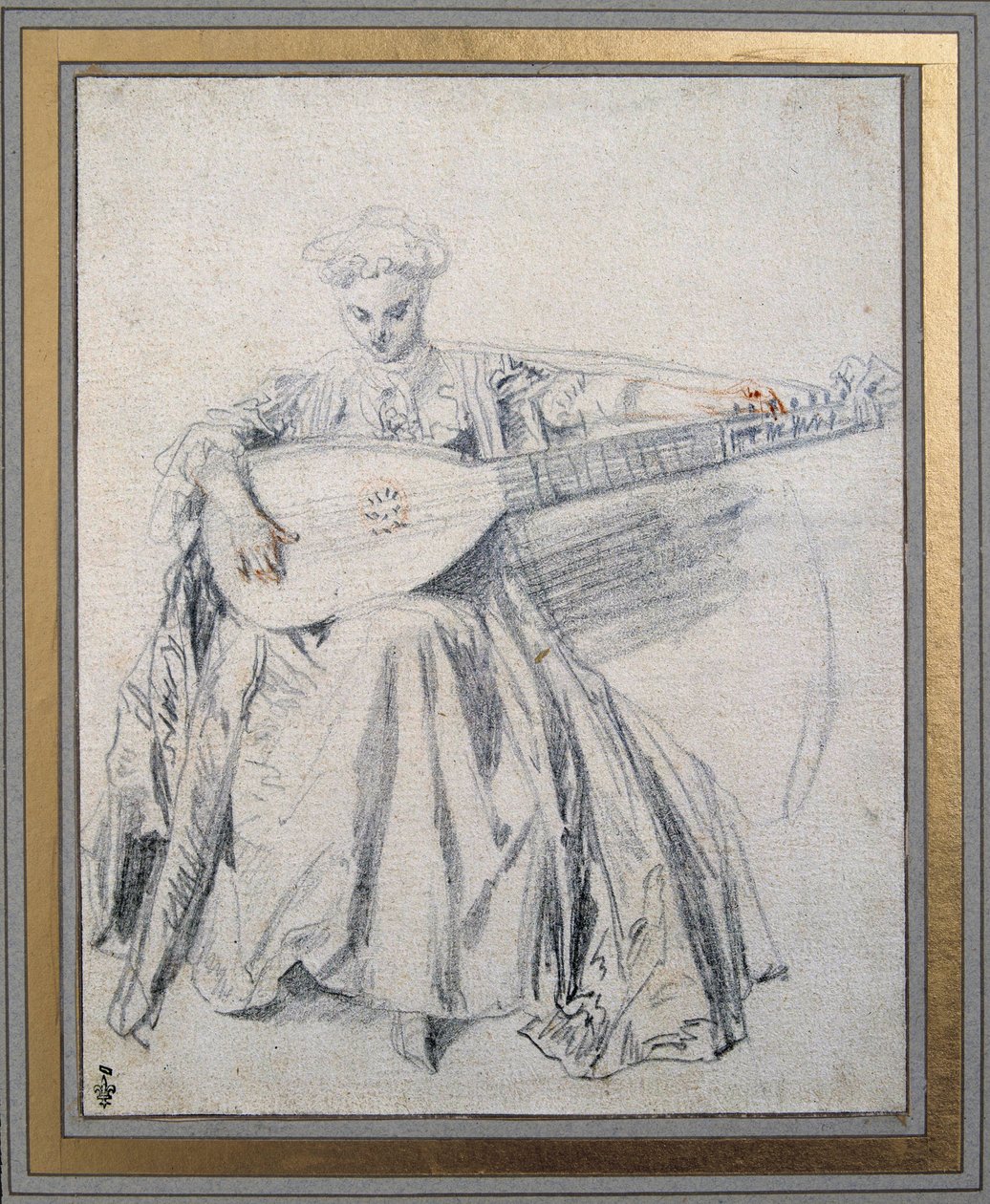 Un joueur de luth Dessin à la mine de plomb et sanguine par Jean Antoine Watteau (1684-1721) 18ème siècle - Jean Antoine Watteau