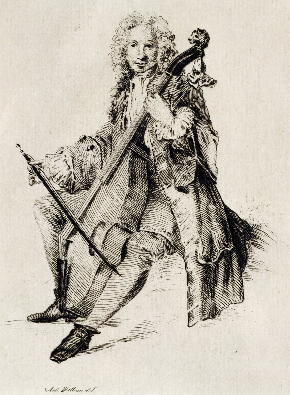 Joueur de violoncelle, par Jean Antoine Watteau, gravure - Jean Antoine Watteau