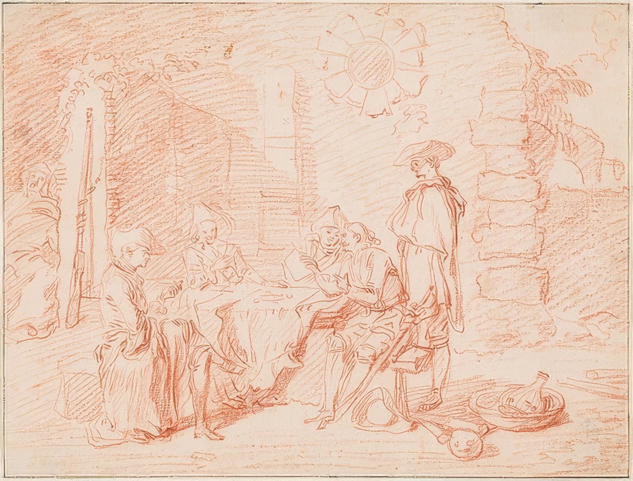 Soldats jouant aux cartes devant un mur - Jean Antoine Watteau