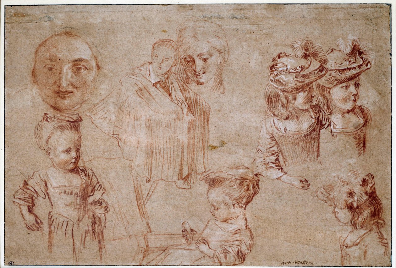 Masque de Pierrot, cinq filles en buste, un homme drapé et un visage de femme - Jean Antoine Watteau