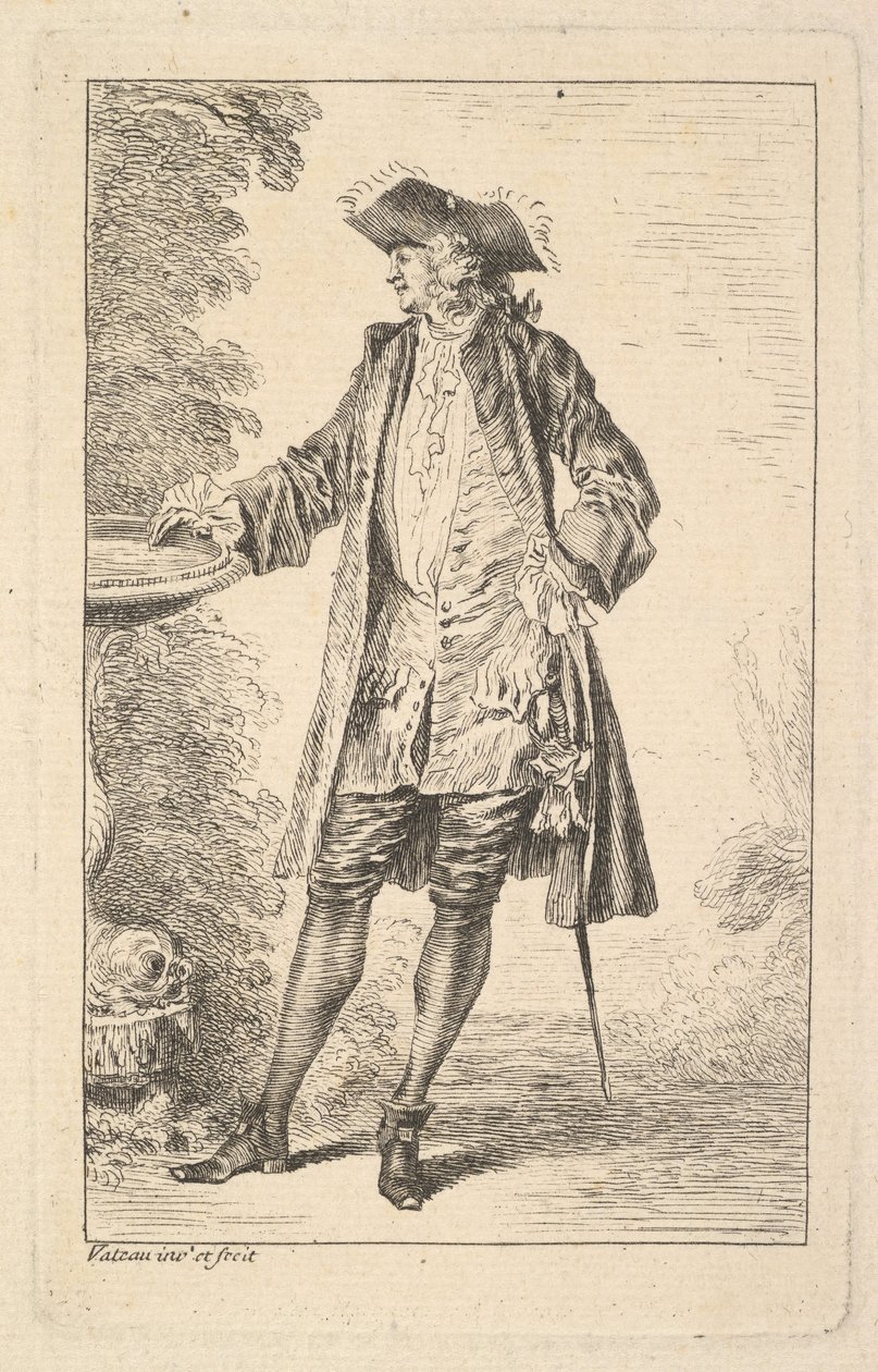 Homme debout avec sa main droite reposant sur un bassin, montré en vue de trois quarts..., vers 1710 - Jean-Antoine Watteau