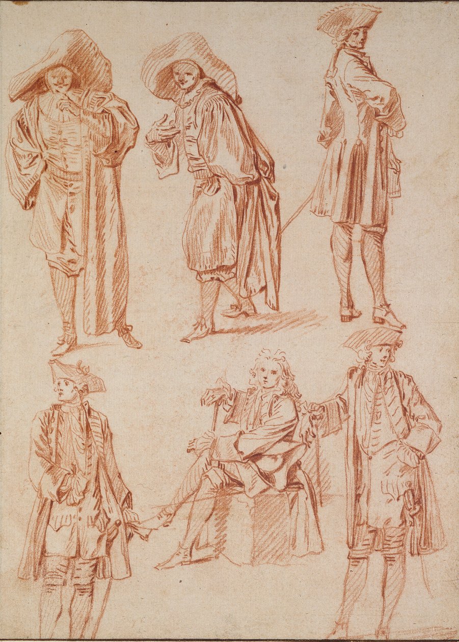 Deux études du docteur dans la comédie italienne et quatre officiers, XVIIIe siècle - Jean Antoine Watteau