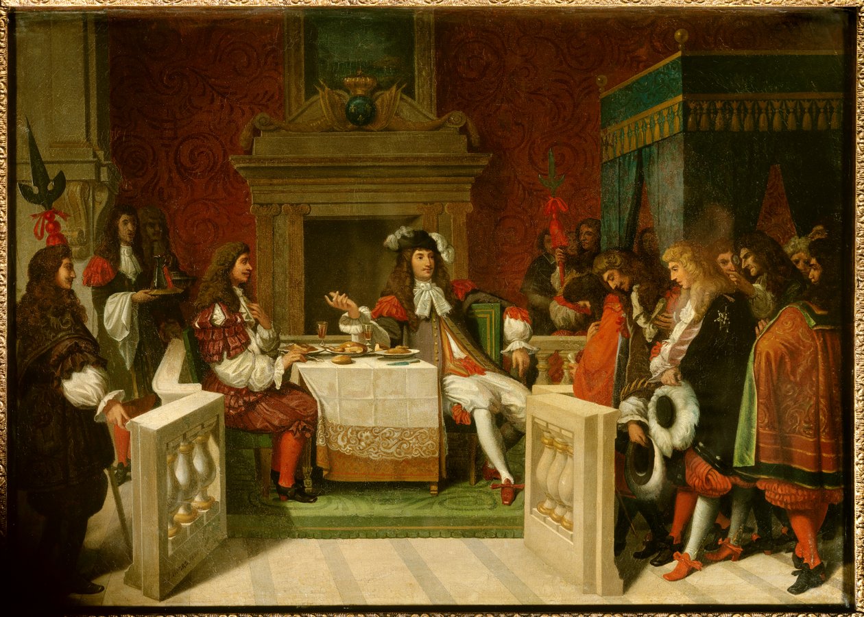 Louis XIV et Molière : Le roi Louis XIV (1638-1715) et Jean Baptiste Poquelin dit Molière (1622-1673) à table devant les courtisans - Jean Auguste Dominique Ingres