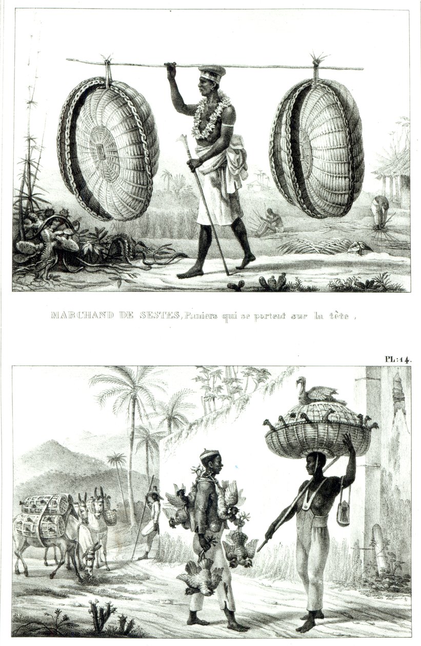 Paniers de tête et un vendeur de volaille, de 
