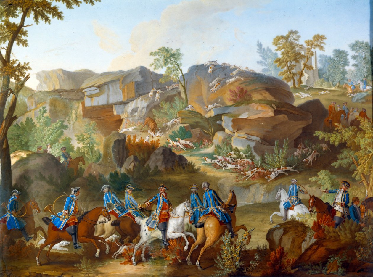 Plaque représentant les chasses de Louis XVI : le cerf aux chiens dans les rochers de Frauchard dans la forêt de Compiègne. Peinture sur porcelaine tendre de Nicolas Pierre Pithou l