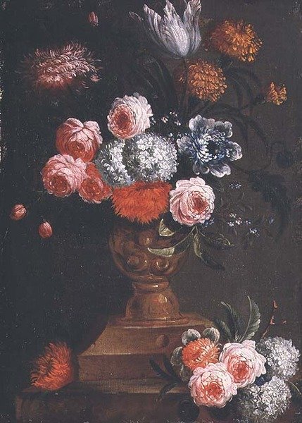 Tulipes, soucis, viorne, myosotis, roses et autres fleurs dans une urne - Jean Baptiste (attr. to) Bosschaert