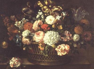 Pivoines, tulipes, narcisses et autres fleurs dans un panier - Jean Baptiste (attr. to) Monnoyer
