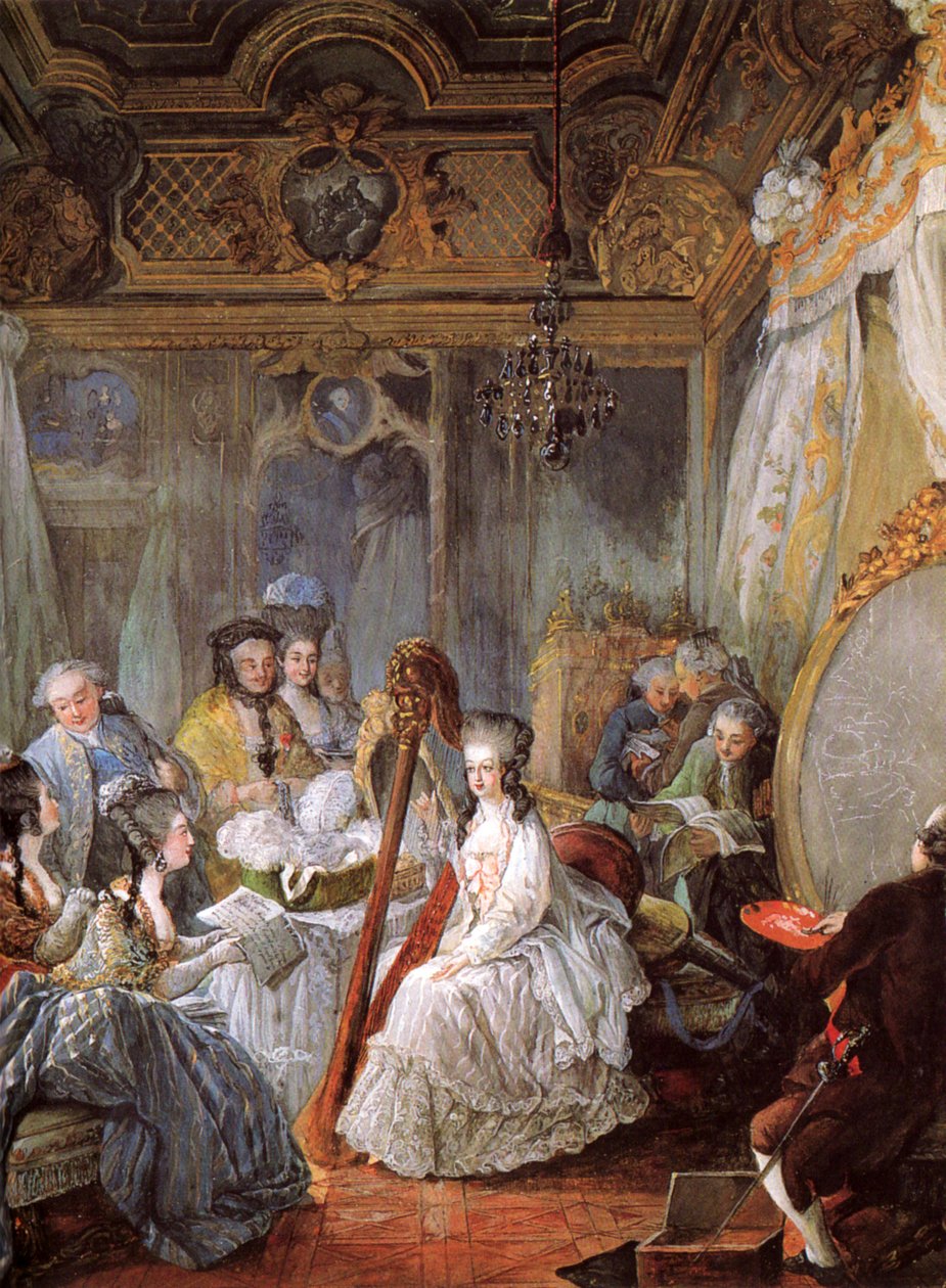 French: Jean-Baptiste-André Gautier-Dagoty portraiturant la Reine dans sa chambre Marie Antoinette playing the harp at the French Court - Jean Baptiste André Gautier Dagoty