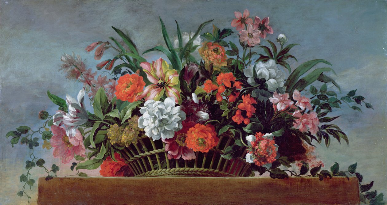 Panier tressé rempli de fleurs - Jean Baptiste Belin de Fontenay