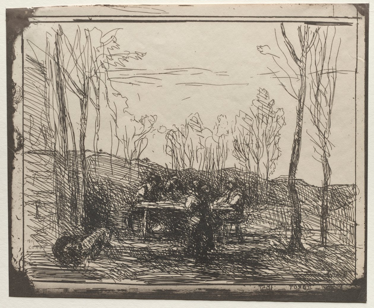 Petit déjeuner dans une clairière, impression originale 1857, imprimée en 1921 - Jean Baptiste Camille Corot