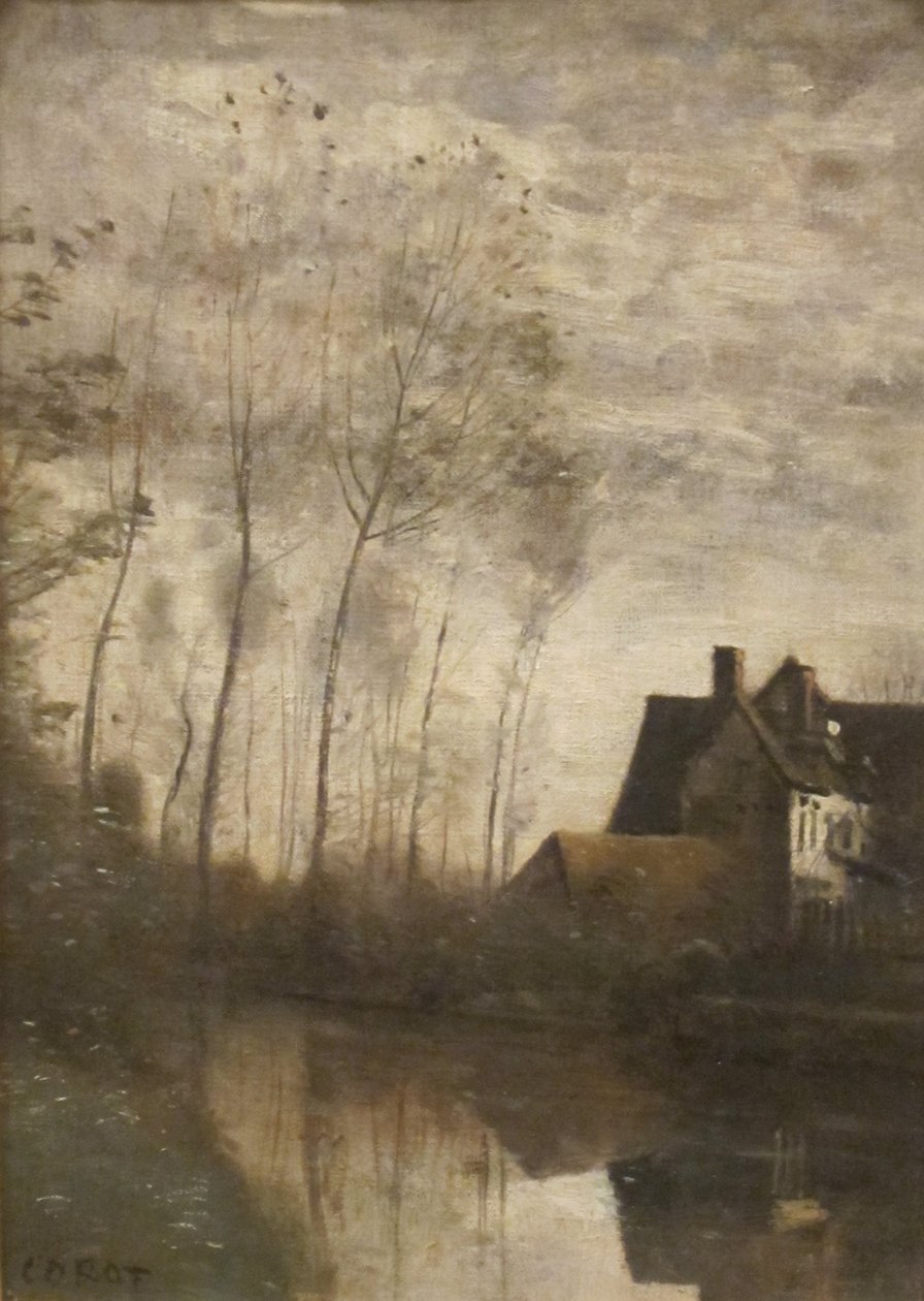 French: Scène de rivière avec maisons et peupliers A River Scene with Houses and Poplars - Jean Baptiste Camille Corot