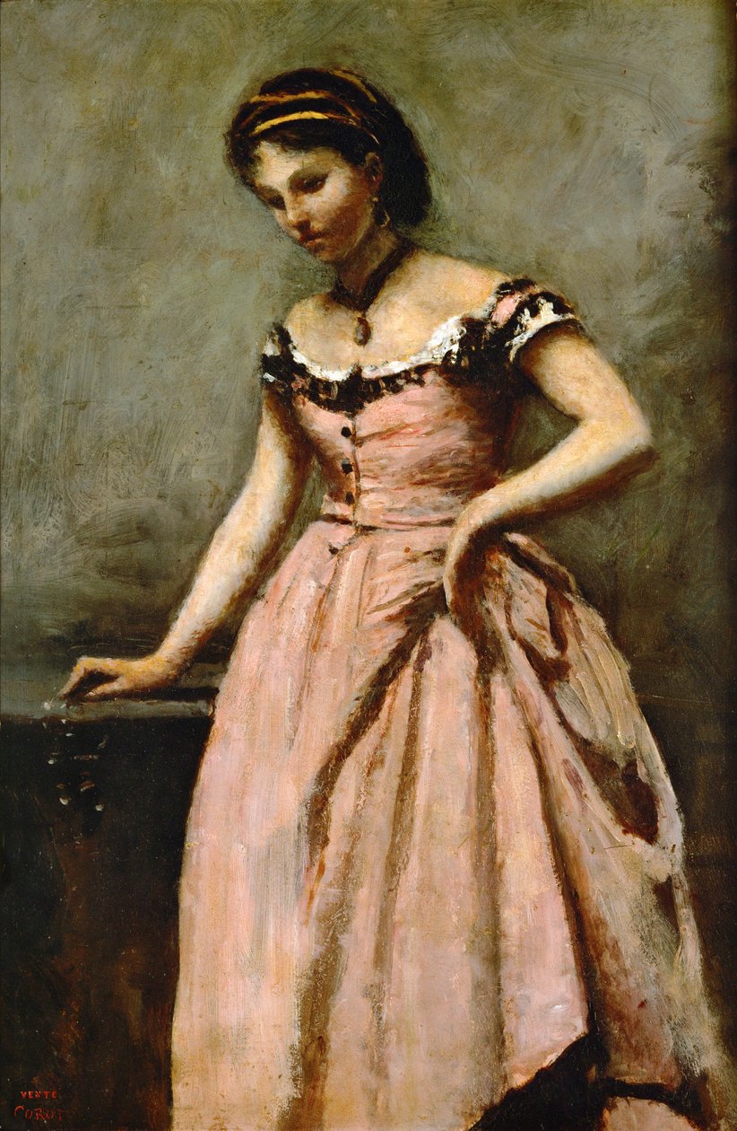 Fille en robe rose avec des roses et une perle ... - Jean Baptiste Camille Corot