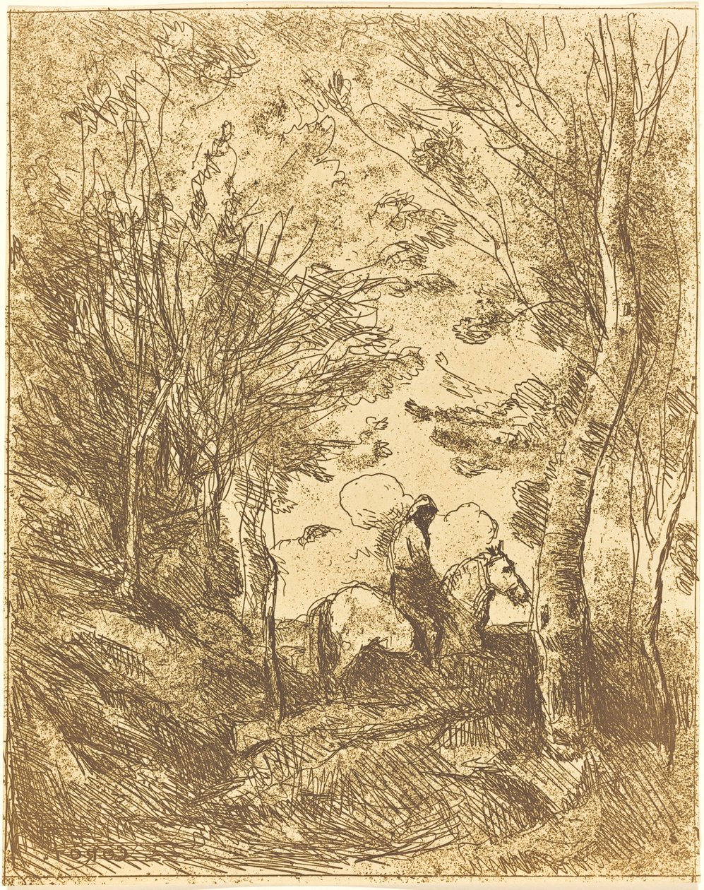 Cavalier dans les bois, grande plaque - Jean Baptiste Camille Corot